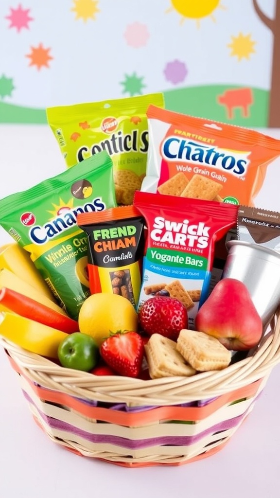 A vibrant snack hamper overflowing with fruits, cheese, crackers, granola bars, and yogurt for kids.